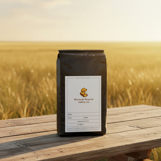 Black coffee bag with 'Retriever Reserve Coffee Co.' label on a white background