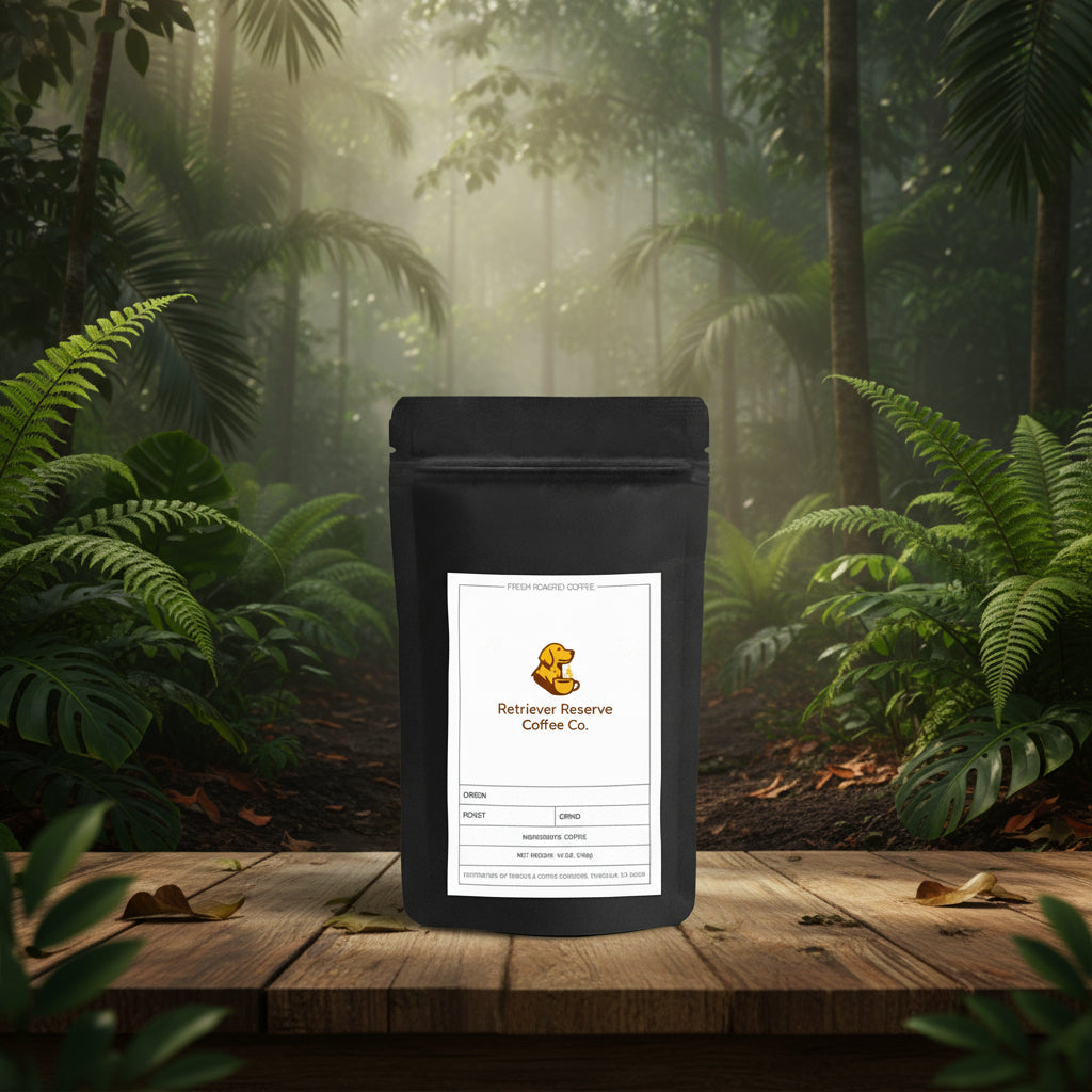 Black coffee bag with 'Retriever Reserve Coffee Co.' label on a white background