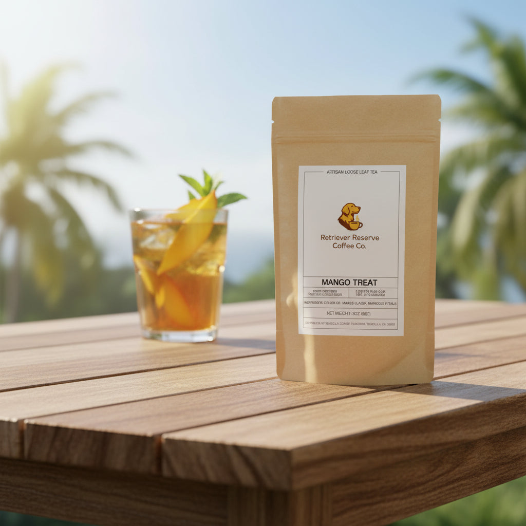 Kraft paper bag with a label for Retriever Reserve Coffee Co. Mango Treat on a white background