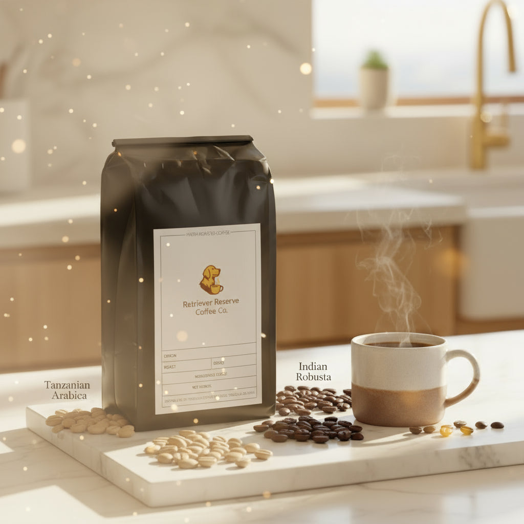 Black coffee bag with 'Retriever Reserve Coffee Co.' label on a white background