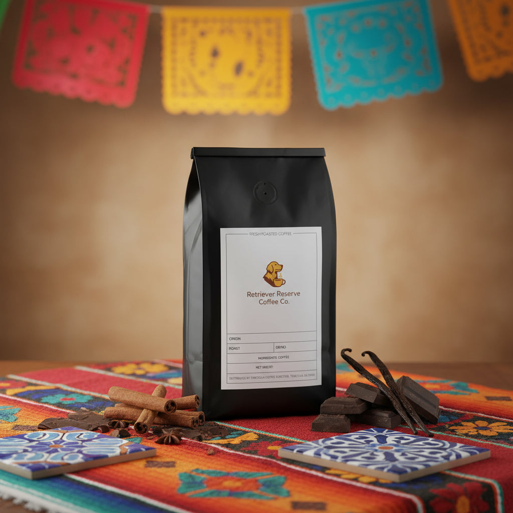 Black coffee bag with 'Retriever Reserve Coffee Co.' label on a white background