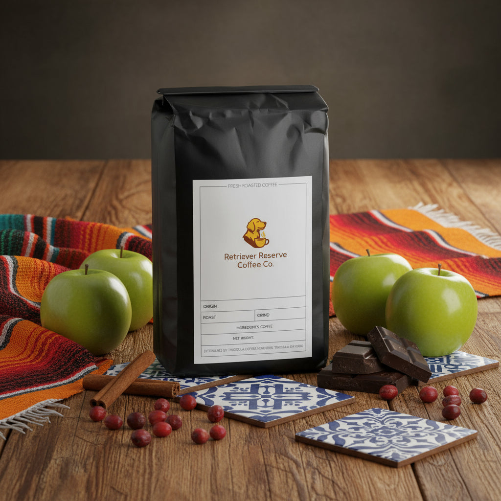 Black coffee bag with 'Retriever Reserve Coffee Co.' label on a white background