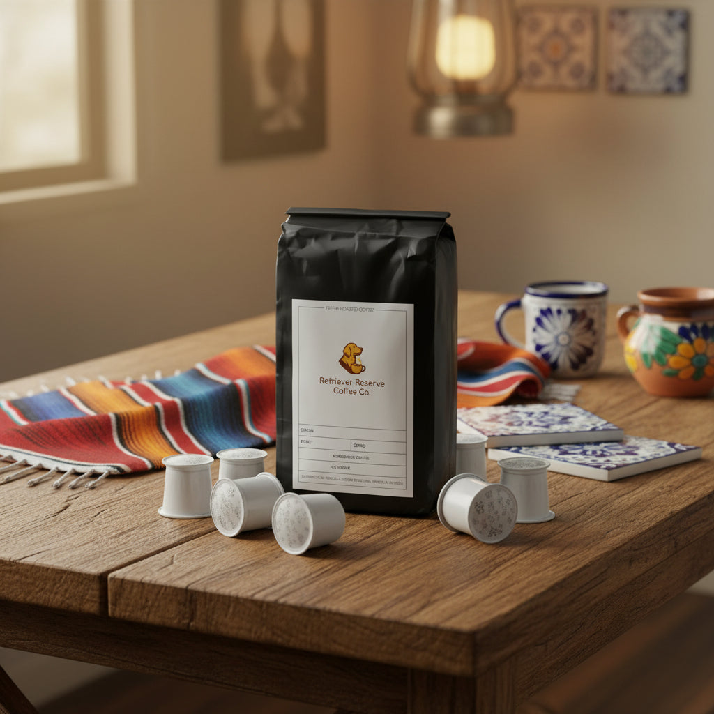 Black coffee bag with 'Retriever Reserve Coffee Co.' label on a white background