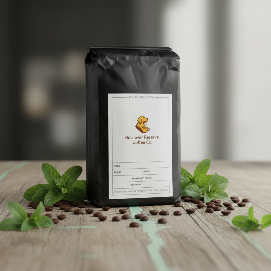 Black coffee bag with 'Retriever Reserve Coffee Co.' label on a white background