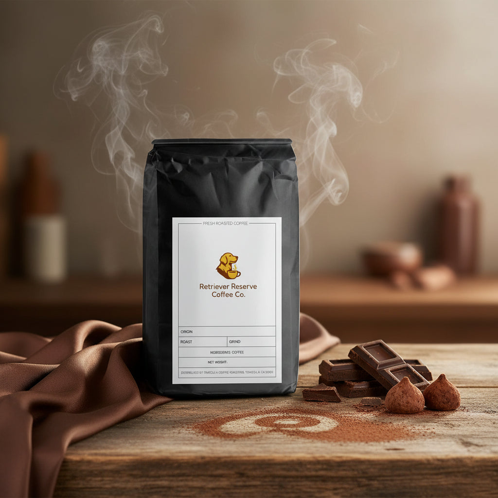 Black coffee bag with 'Retriever Reserve Coffee Co.' label on a white background