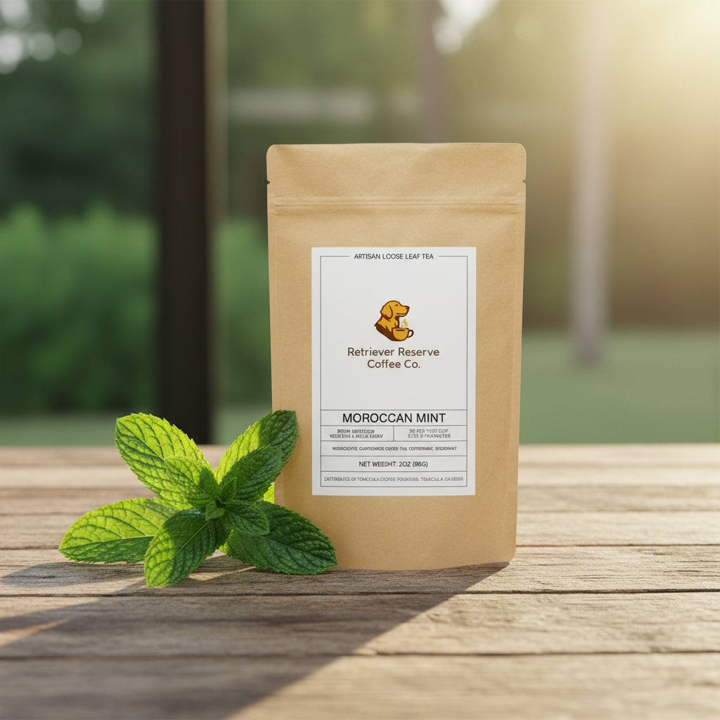 Kraft paper tea bag with 'Retriever Reserve Coffee Co.' label on a white background