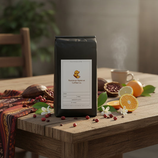 Black coffee bag with 'Retriever Reserve Coffee Co.' label on a white background