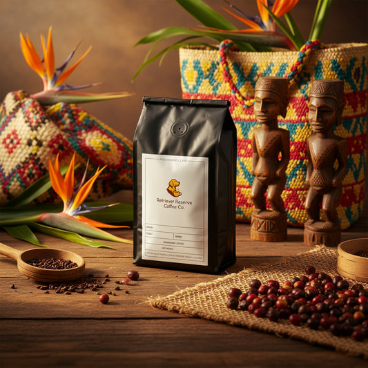 Black coffee bag with 'Retriever Reserve Coffee Co.' label on a white background