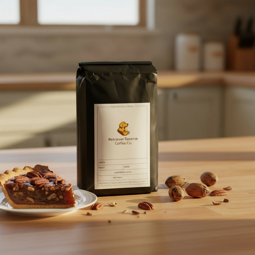 Black coffee bag with 'Retriever Reserve Coffee Co.' label on a white background