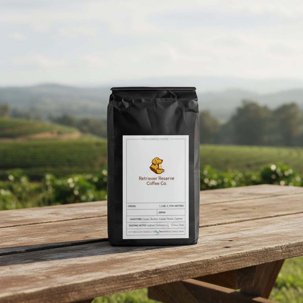 Black coffee bag with 'Retriever Reserve Coffee Co.' label on a white background