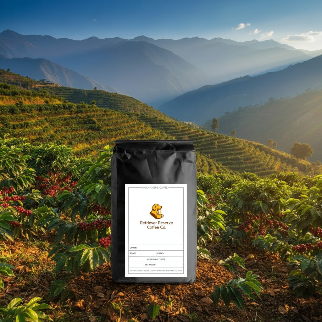 Black coffee bag with 'Retriever Reserve Coffee Co.' label on a white background