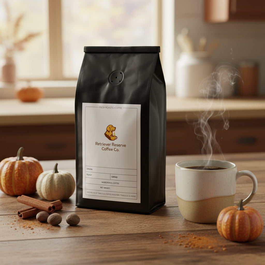 Black coffee bag with 'Retriever Reserve Coffee Co.' label on a white background