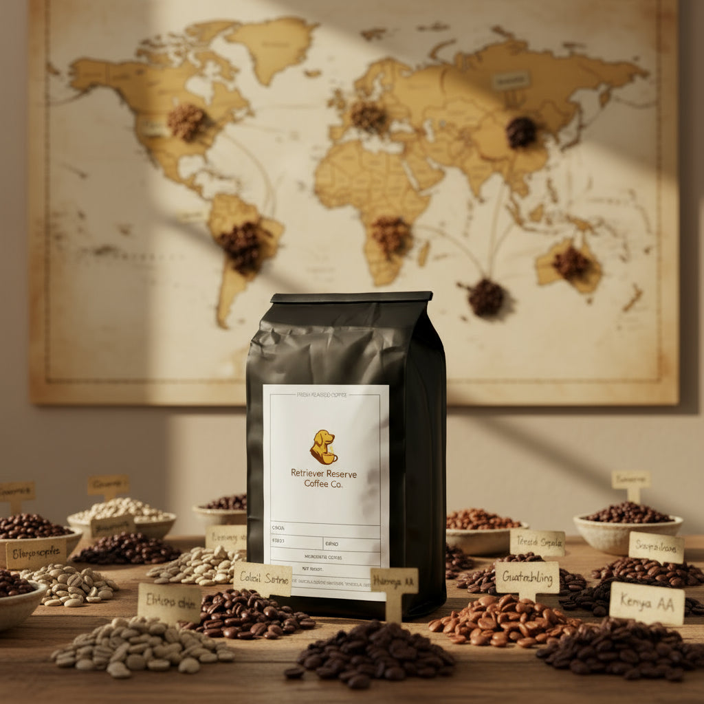 Black coffee bag with 'Retriever Reserve Coffee Co.' label on a white background