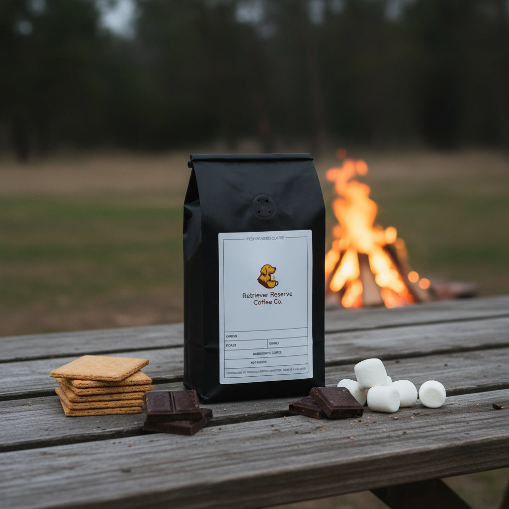 Black coffee bag with 'Retriever Reserve Coffee Co.' label on a white background
