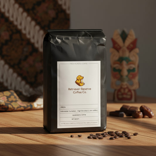 Black coffee bag with 'Retriever Reserve Coffee Co.' label on a white background