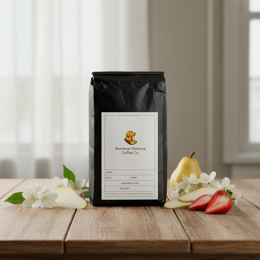 Black coffee bag with 'Retriever Reserve Coffee Co.' label on a white background