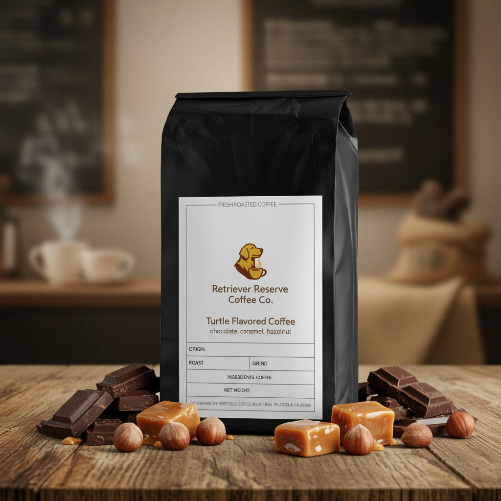 Black coffee bag with 'Retriever Reserve Coffee Co.' label on a white background