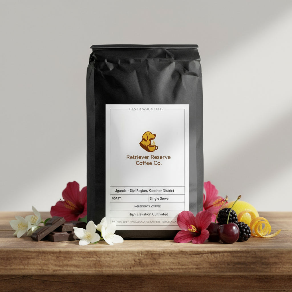 Black coffee bag with 'Retriever Reserve Coffee Co.' label on a white background